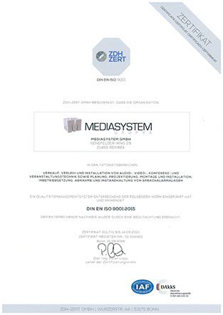 Mediasystem ist zertifiziert nach DIN 14675 und DIN ISO 9001 sowie präqualifiziert nach PQ-VOL.